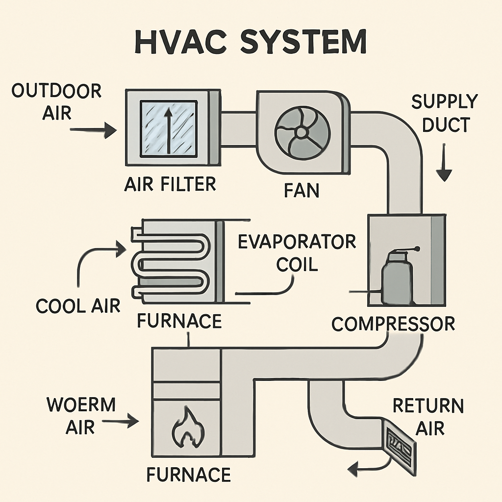 Diagram of an HVAC system with labeled components