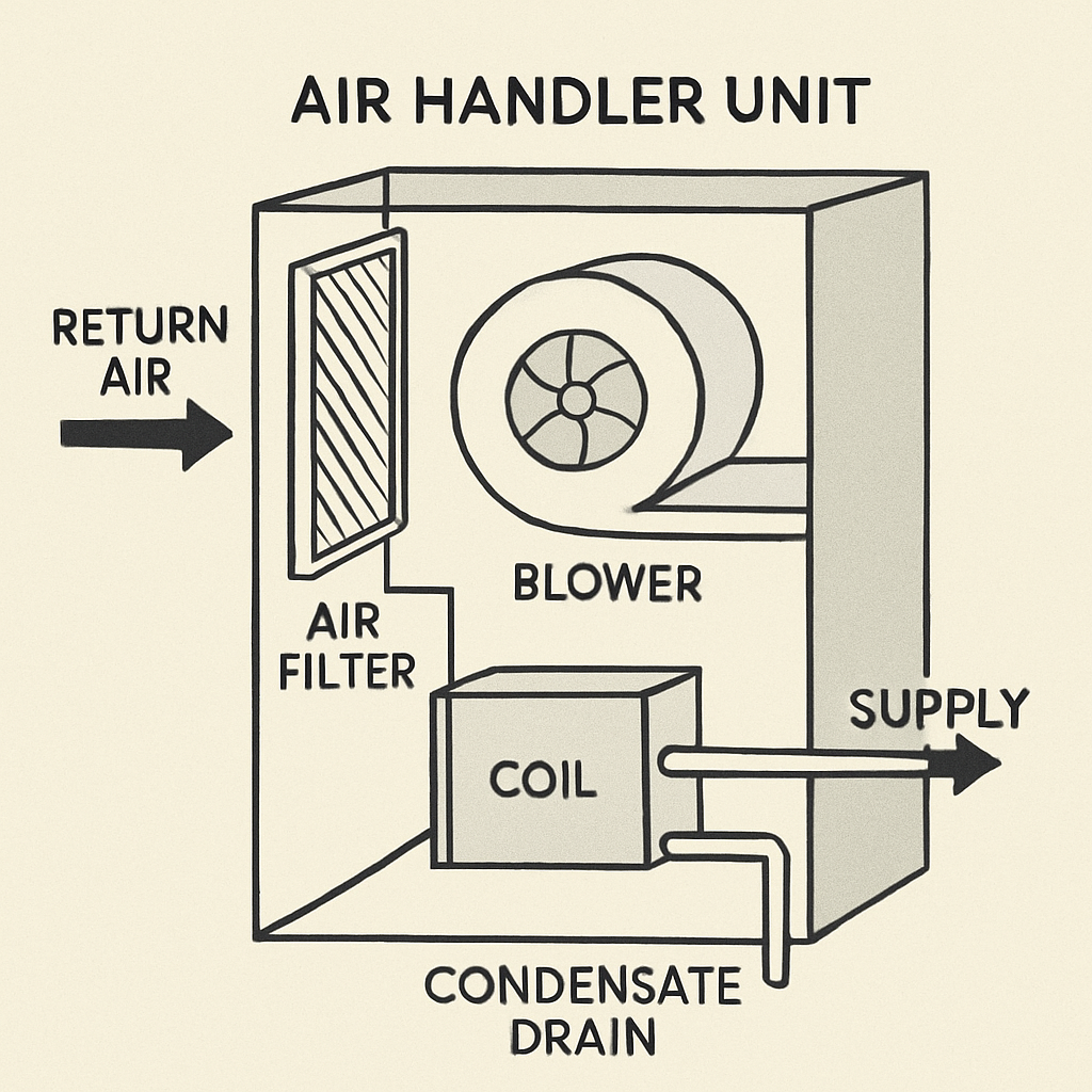 The diagram shows the structure of an air handler unit and helps explain common air handler problems and solutions.