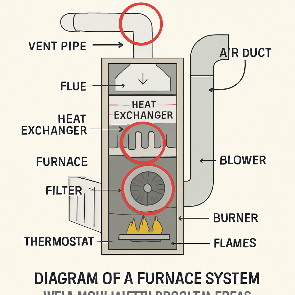 Diagram of a furnace system with highlighted problem areas