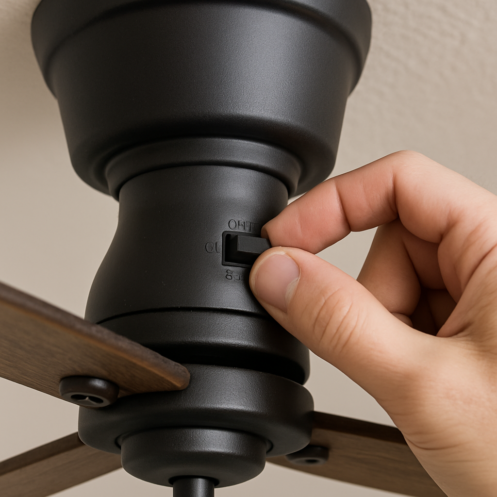 A clear photo of a person's hand flipping the small direction-switch on the motor housing of a ceiling fan