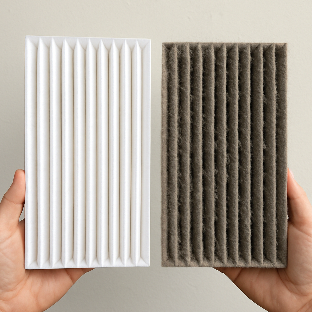 Boost AC Efficiency How Capacitors Transform Performance Boost AC Efficiency Boost AC Efficiency,air conditioner,Capacitor,SEER comparison of two filters clean and dirty A clean, white, pleated AC filter held in one hand, and a filthy, grey, clogged AC filter held in the other, showing a stark contrast