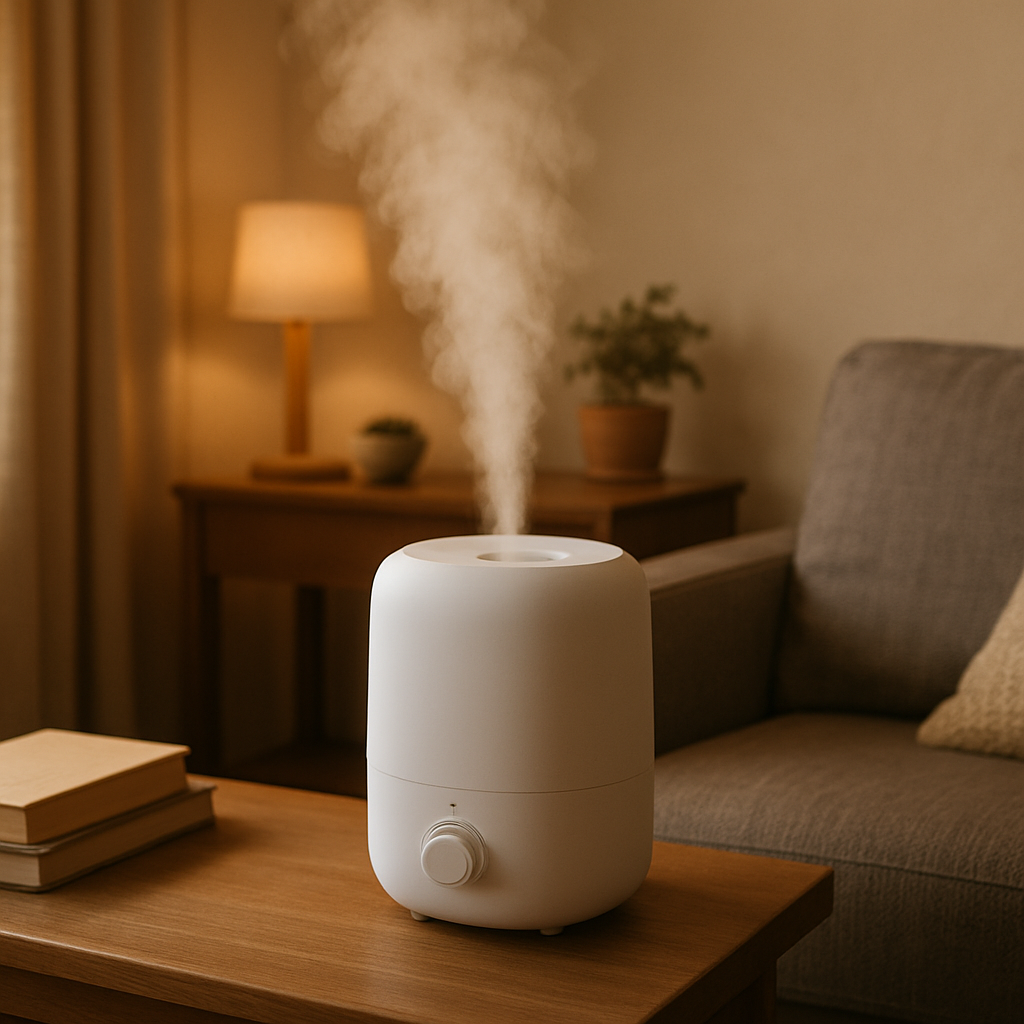 A small, modern humidifier running on a side table in a cozy living room, emitting a visible plume of mist