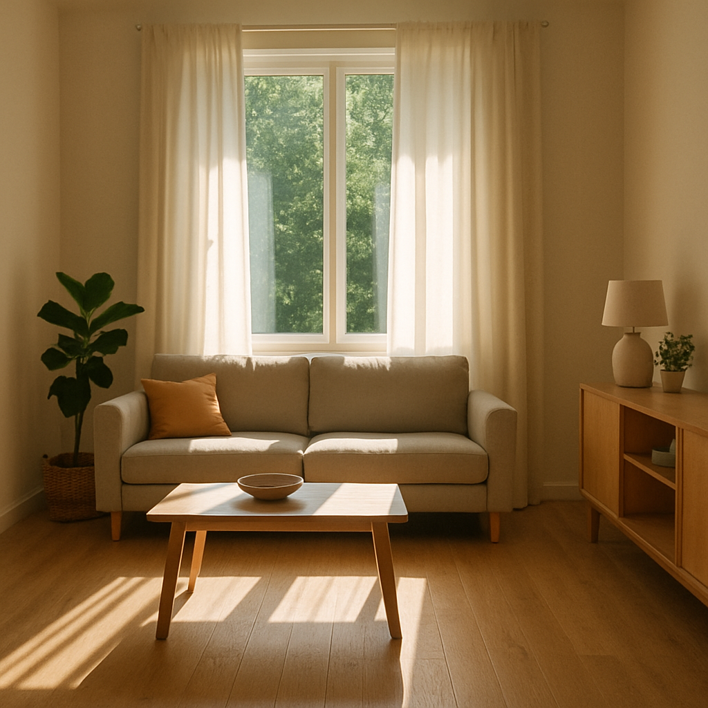 A simple photo of a sunny living room with curtains wide open, showing sunlight streaming in and hitting the floor