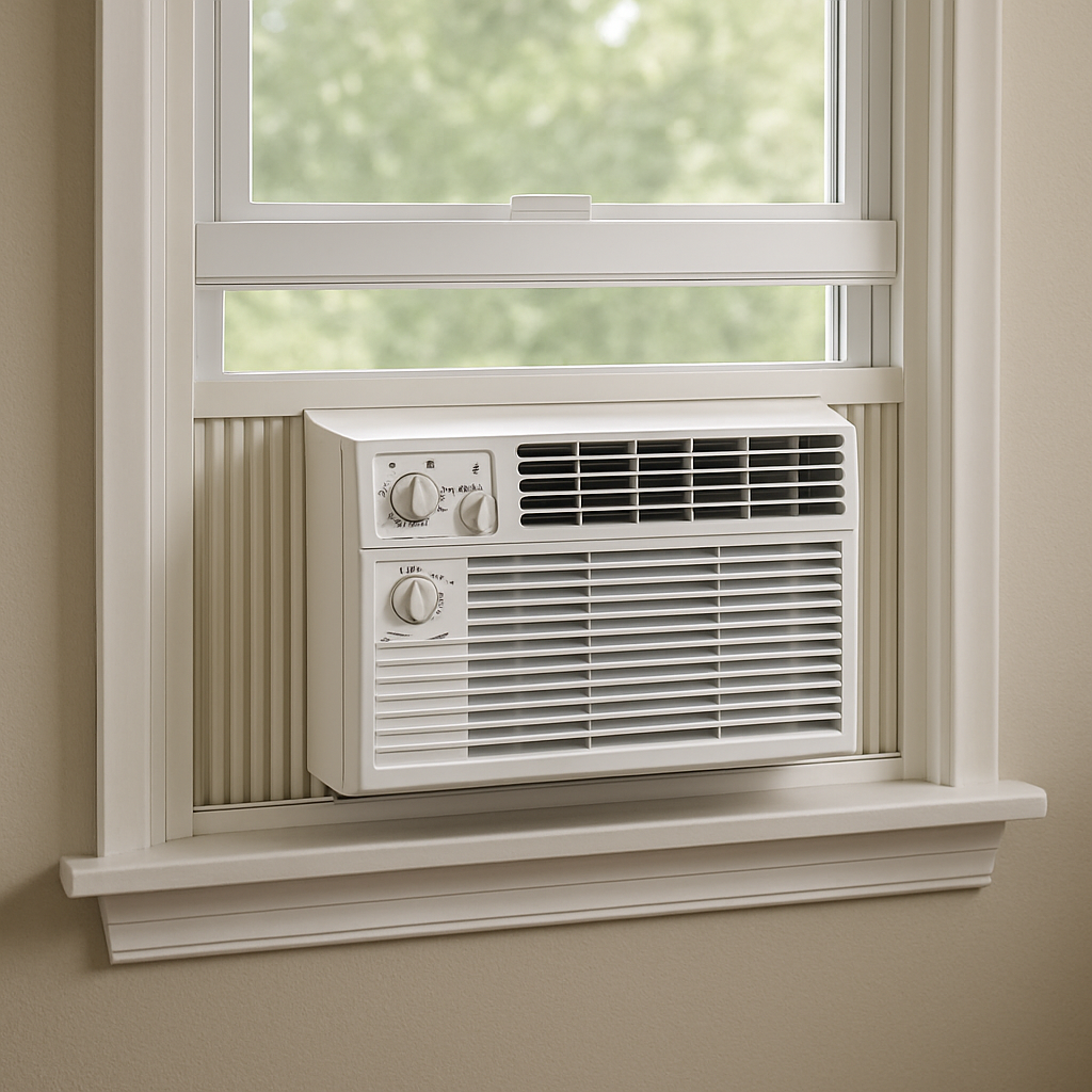 A clear photo showing a window AC unit installed in a double-hung window.