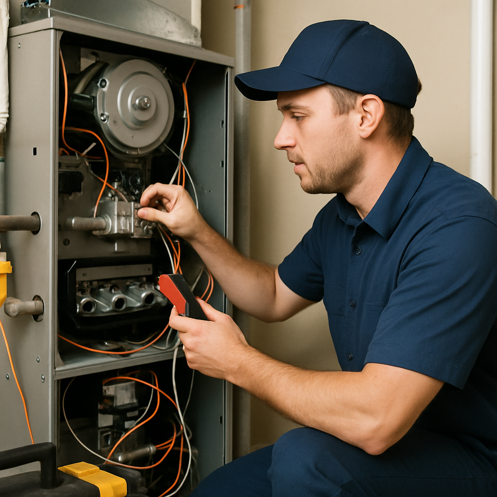 A professional is repairing the furnace.