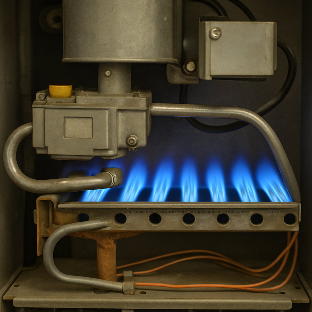 A natural gas furnace close-up