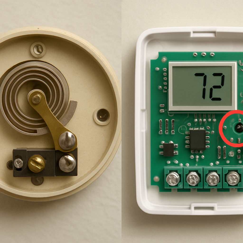 A simple, clear side-by-side photo: on the left, the cover is off an old round thermostat showing the coiled bimetallic strip; on the right, the cover is off a modern digital thermostat showing a clean circuit board with a tiny bead-like thermistor circled