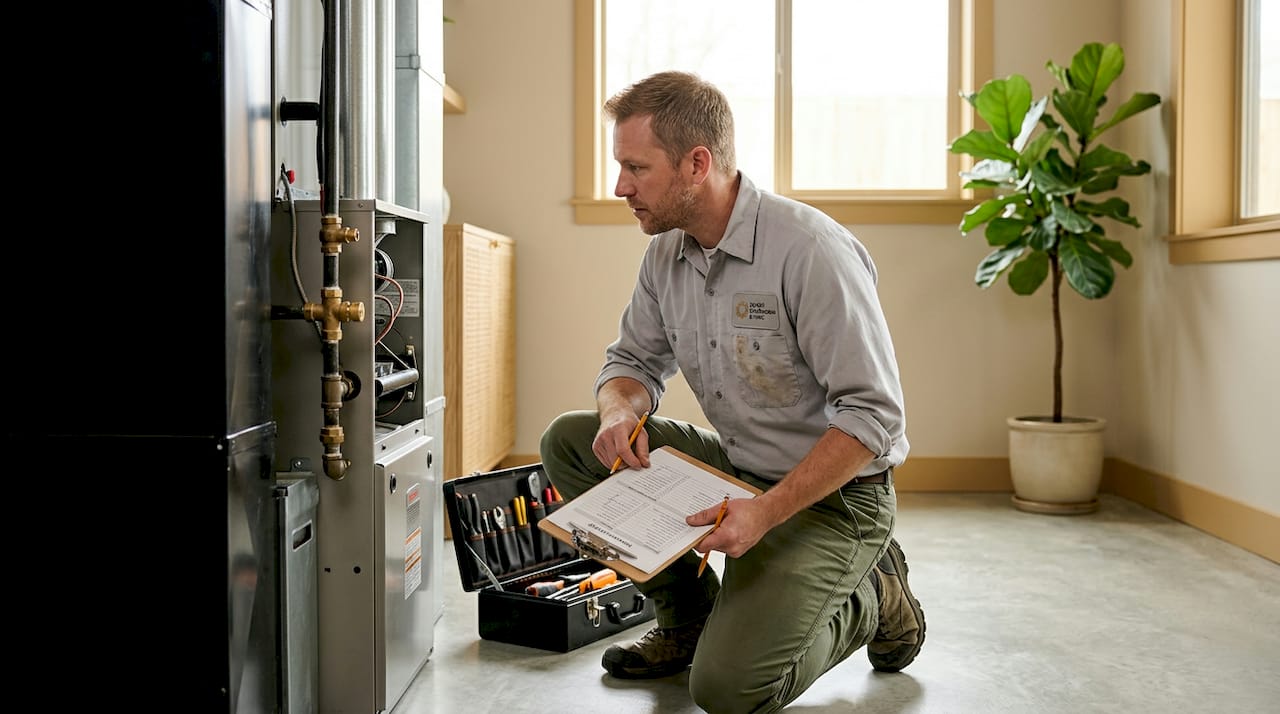 Why Annual HVAC Inspection Is Needed for Your Home b-m-airandheating.com alternatives b-m-airandheating.com alternatives 1779129412899 HVAC technician checking furnace in basement HVAC technician checking furnace in basement