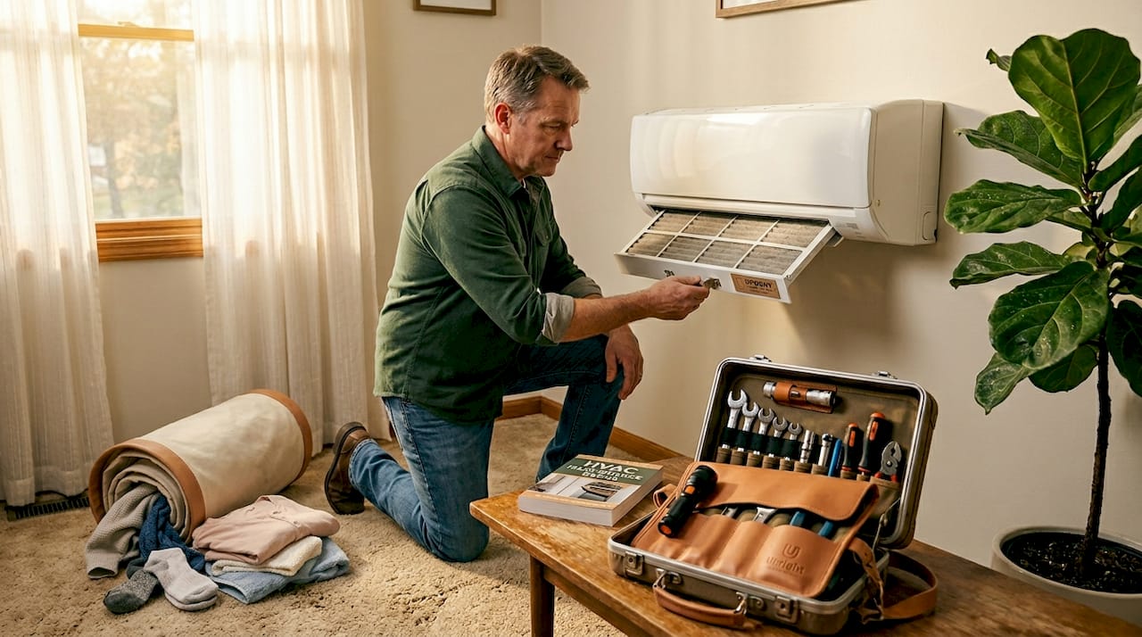 AC Repair vs Replacement Checklist for Homeowners b-m-airandheating.com alternatives b-m-airandheating.com alternatives 1779248430169 Homeowner inspecting AC filter in living room 1 Homeowner inspecting AC filter in living room