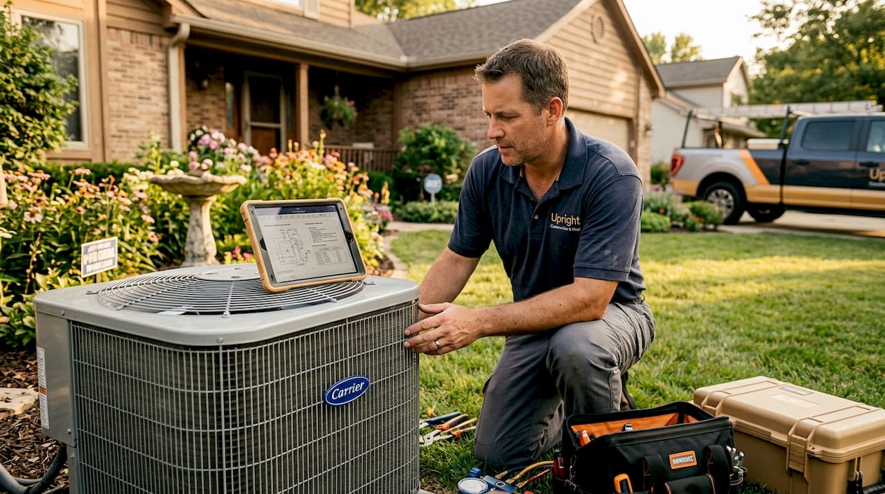 How to Choose a Reliable HVAC Contractor in 2026 what is an hvac tune-up what is an hvac tune-up 1779703101268 HVAC technician inspecting home air conditioner HVAC technician inspecting home air conditioner