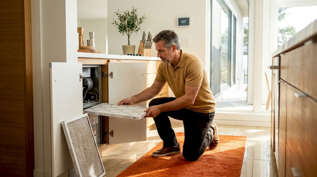 Why Heating Maintenance Saves Money for Homeowners what is an hvac tune-up what is an hvac tune-up 1779793945159 Homeowner replacing furnace air filter in living room Homeowner replacing furnace air filter in living room