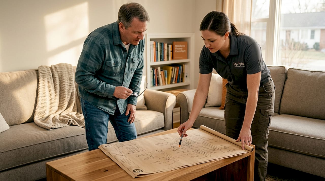 What Is HVAC Commissioning? A Homeowner's Guide how los angeles heat affects ac 1779964380251 Homeowner and technician reviewing HVAC plans in kitchen 1 Homeowner and technician reviewing HVAC plans in kitchen