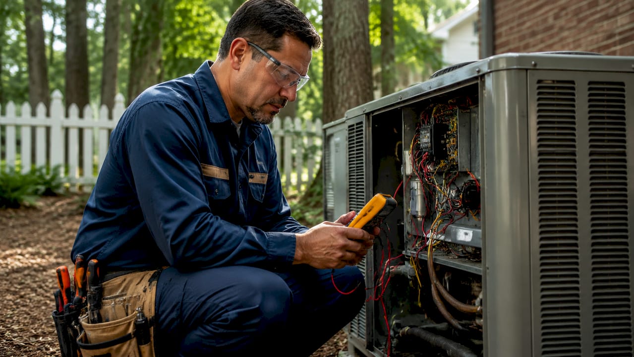 What Is an HVAC Tune-Up? Your 2026 Homeowner Guide common hvac repair challenges 1780486264218 HVAC technician inspecting outdoor AC unit HVAC technician inspecting outdoor AC unit