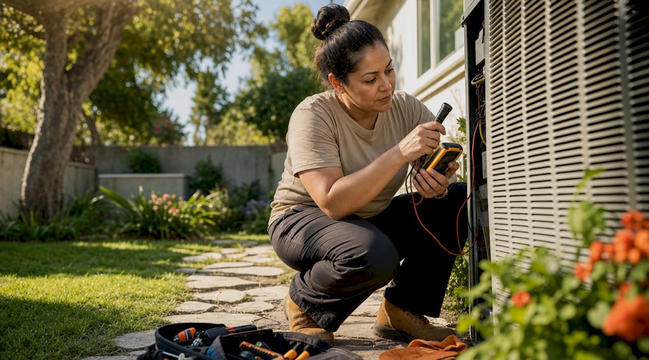 Homeowner inspecting HVAC outdoor unit