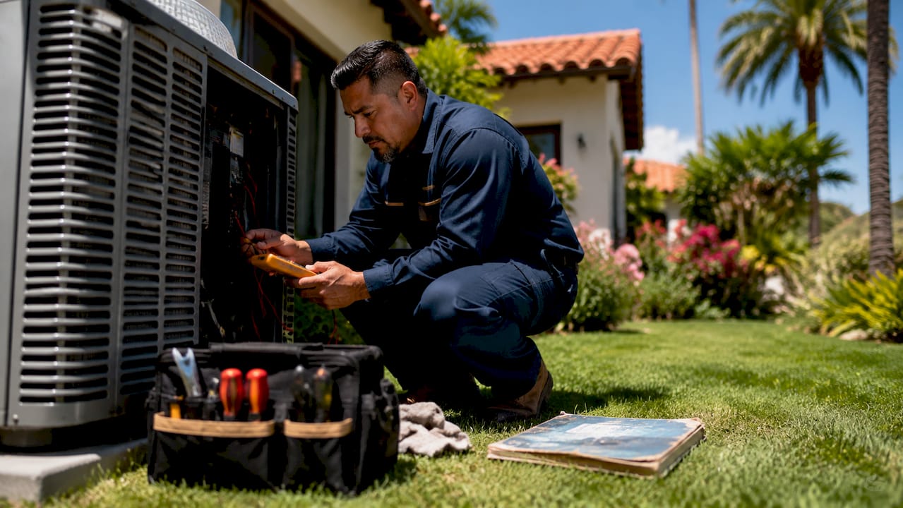 Technician repairing home AC unit outdoors