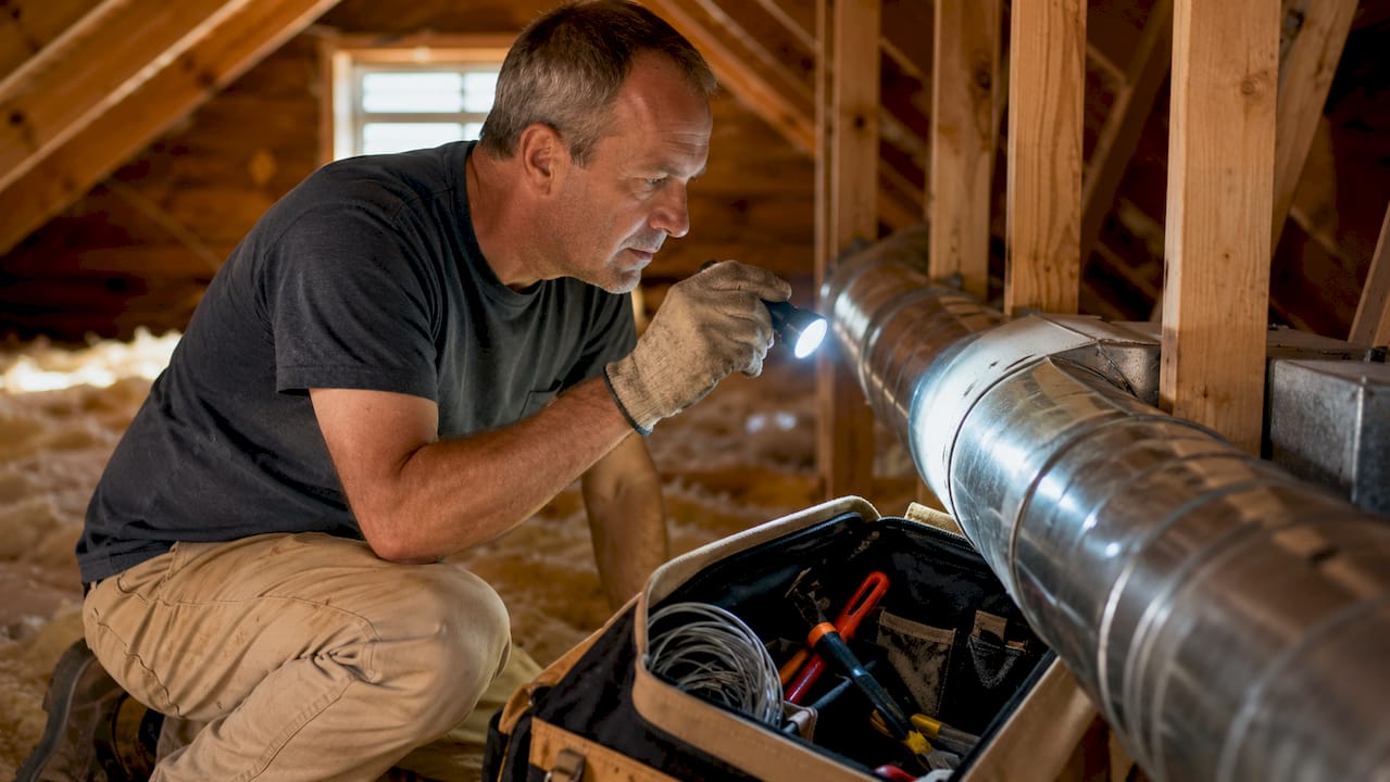 Homeowner inspecting basement HVAC system