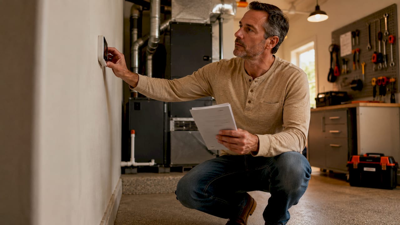 Homeowner inspecting HVAC system thermostat