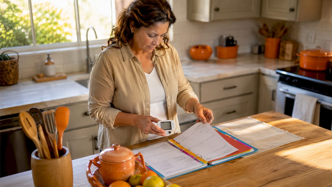 Woman organizing HVAC maintenance documents at home desk