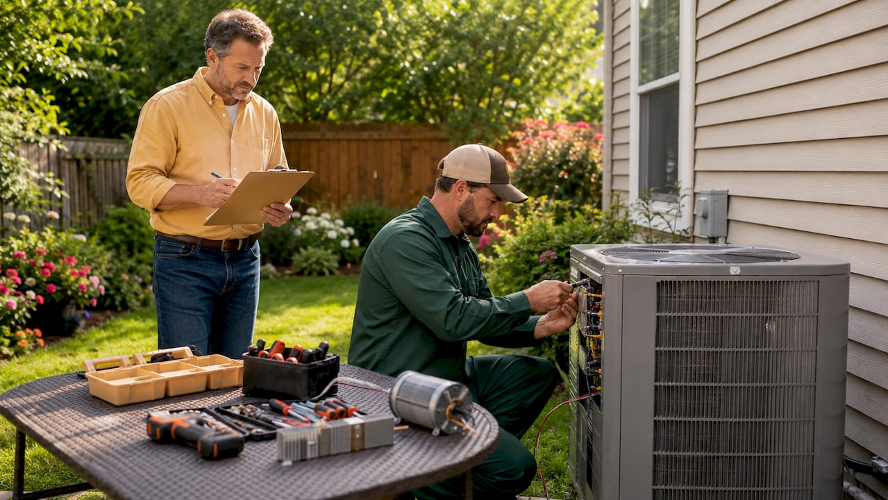 How the AC Repair Timeline Works: A Homeowner's Guide how central air conditioning works how central air conditioning works 1781677976655 Homeowner watching AC technician repairing outdoor unit Homeowner watching AC technician repairing outdoor unit
