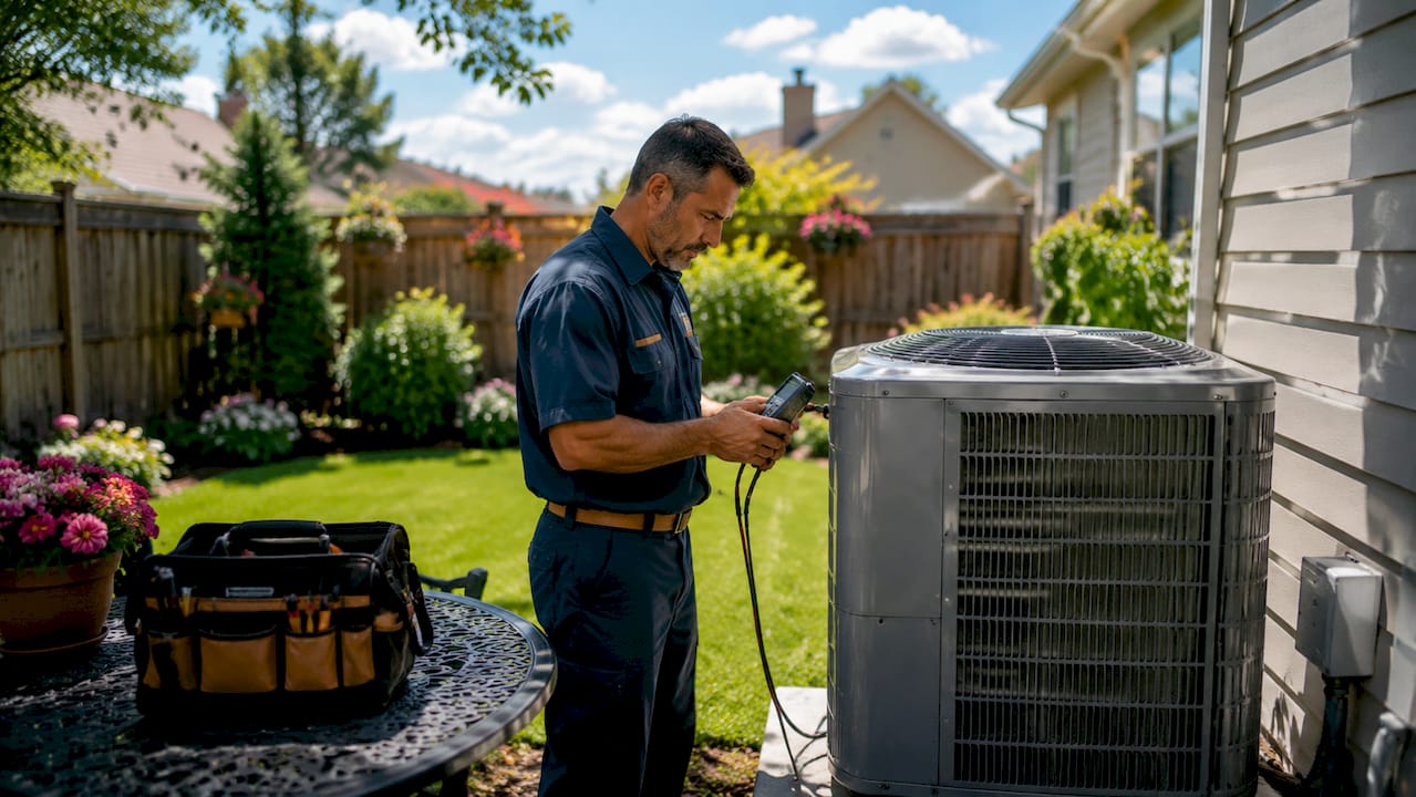 How Central Air Conditioning Works: A Homeowner's Guide how central air conditioning works how central air conditioning works 1782021707642 Technician inspecting outdoor AC condenser unit Technician inspecting outdoor AC condenser unit