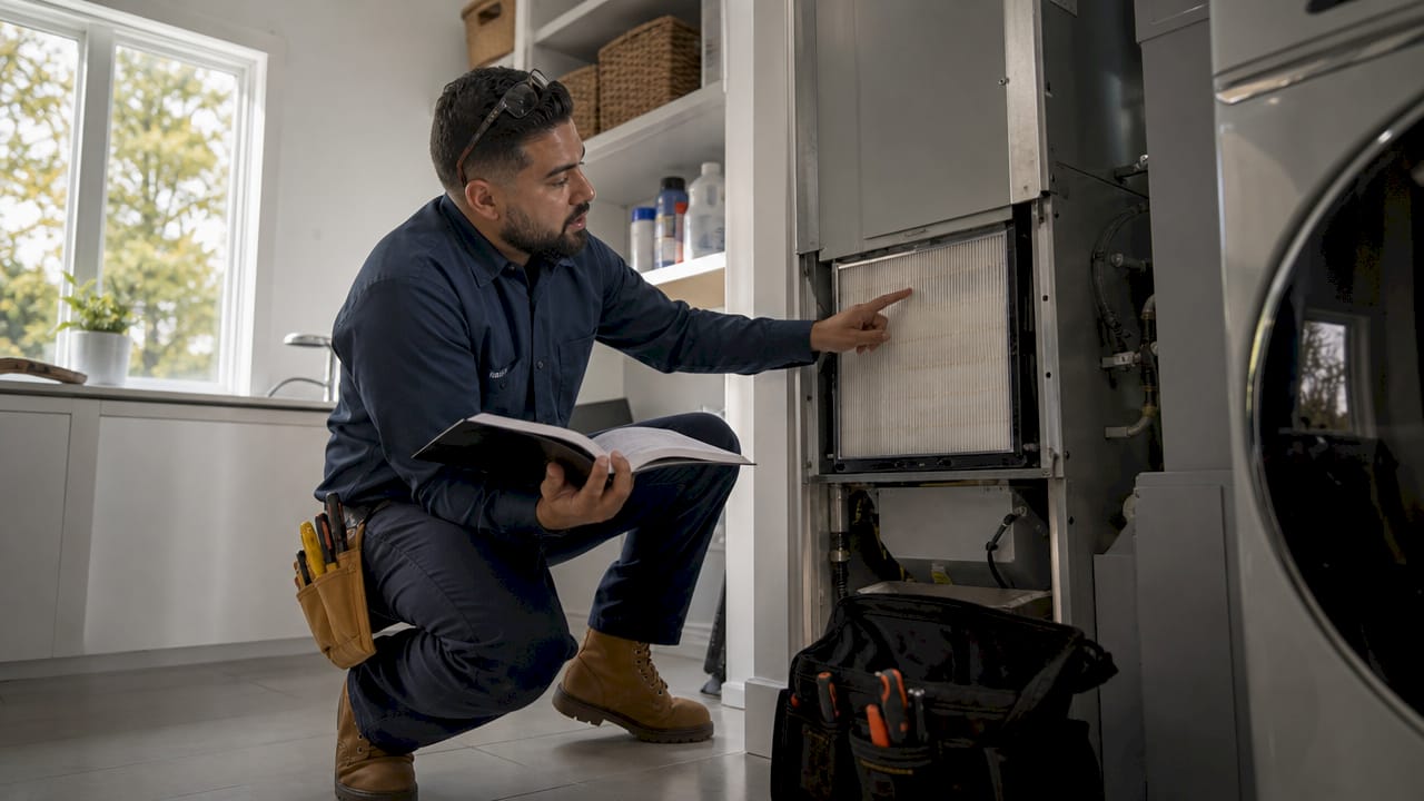Technician inspecting residential HVAC system