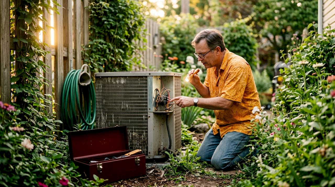 Homeowner inspecting outdoor AC unit coil wiring