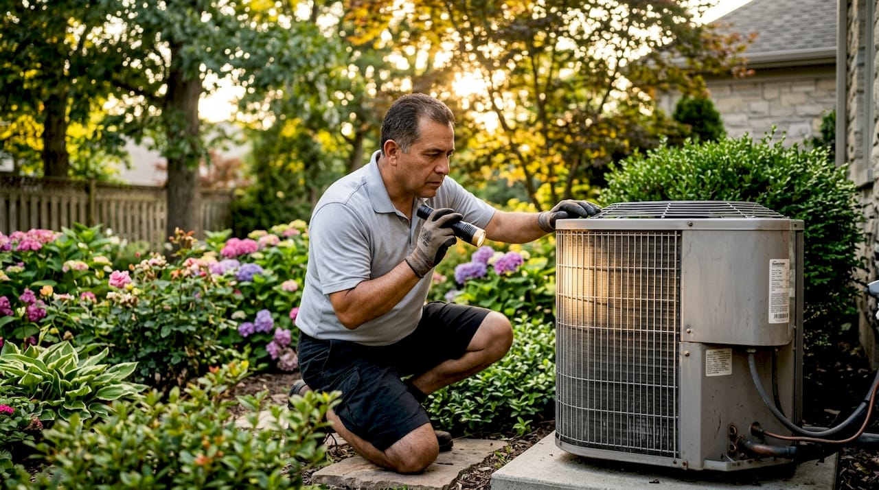 Homeowner inspecting outdoor AC unit