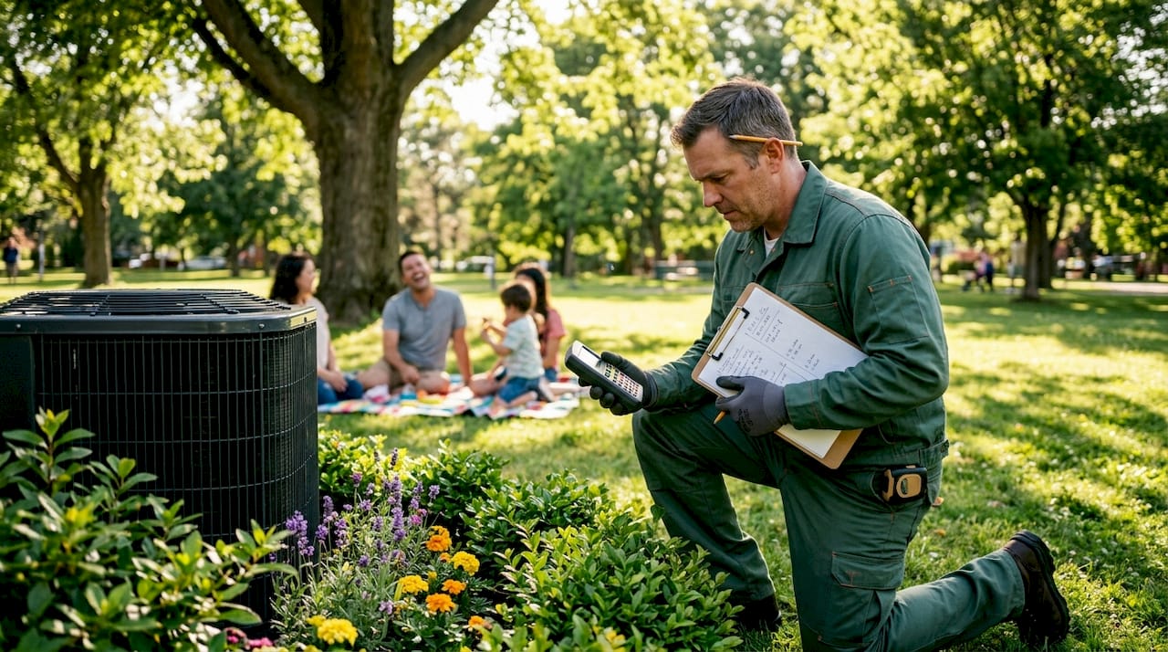 HVAC technician sizing air conditioning unit outdoors