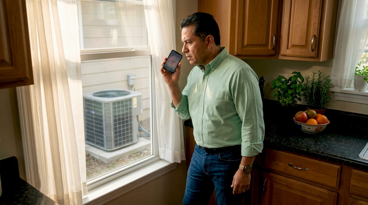 Man inspecting noisy HVAC unit outdoors