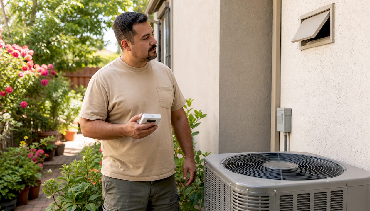 Homeowner inspecting indoor air conditioner unit