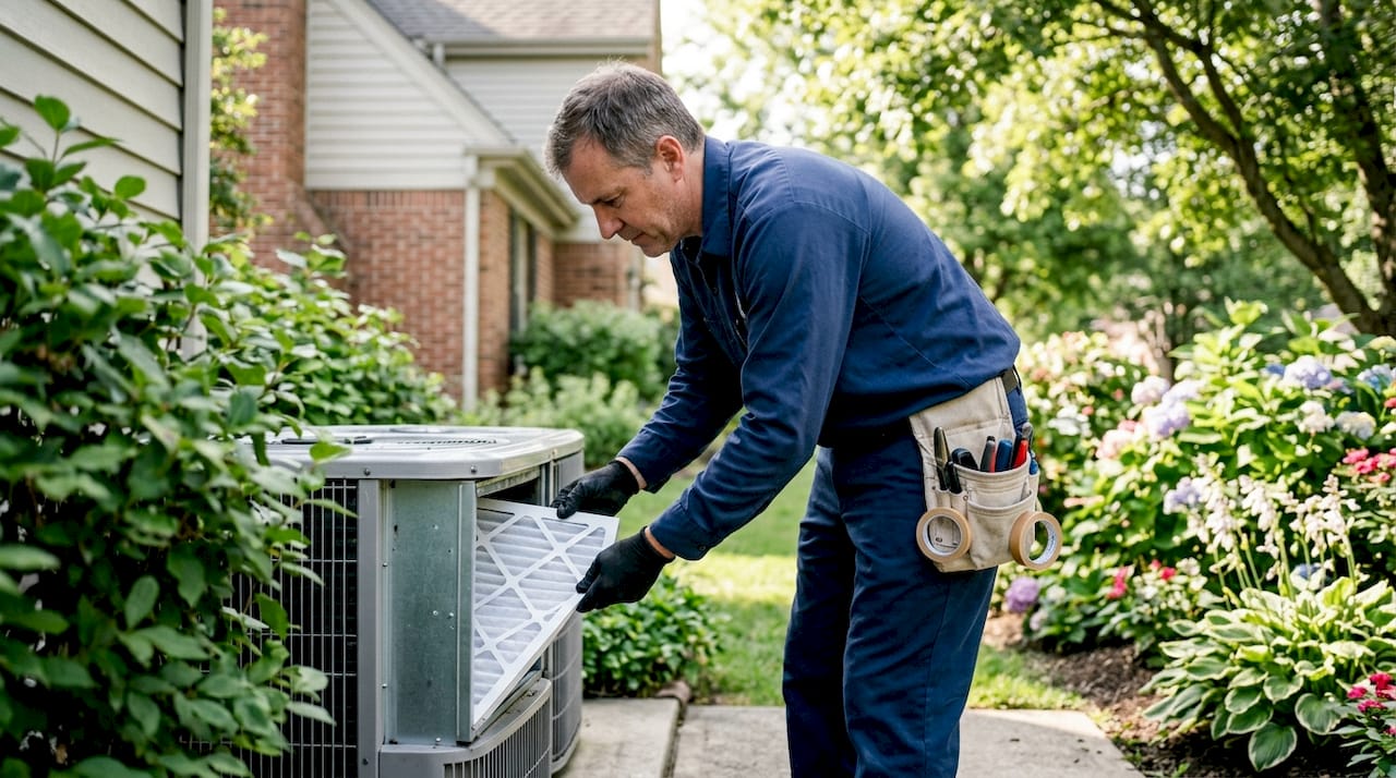 Technician replacing air filter in home HVAC unit