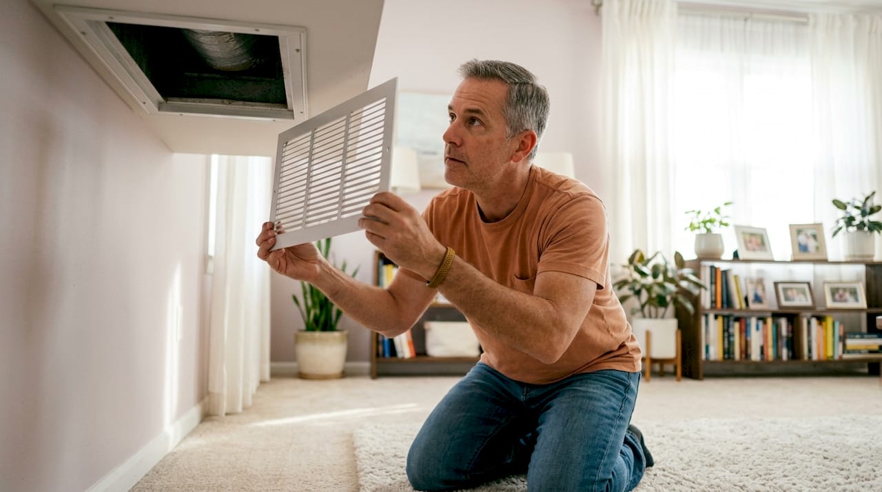 Person inspecting home AC vent