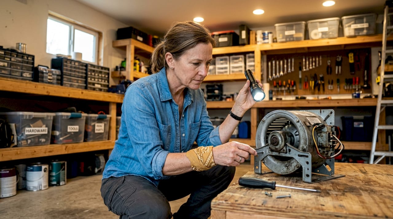Homeowner inspecting HVAC blower motor in basement
