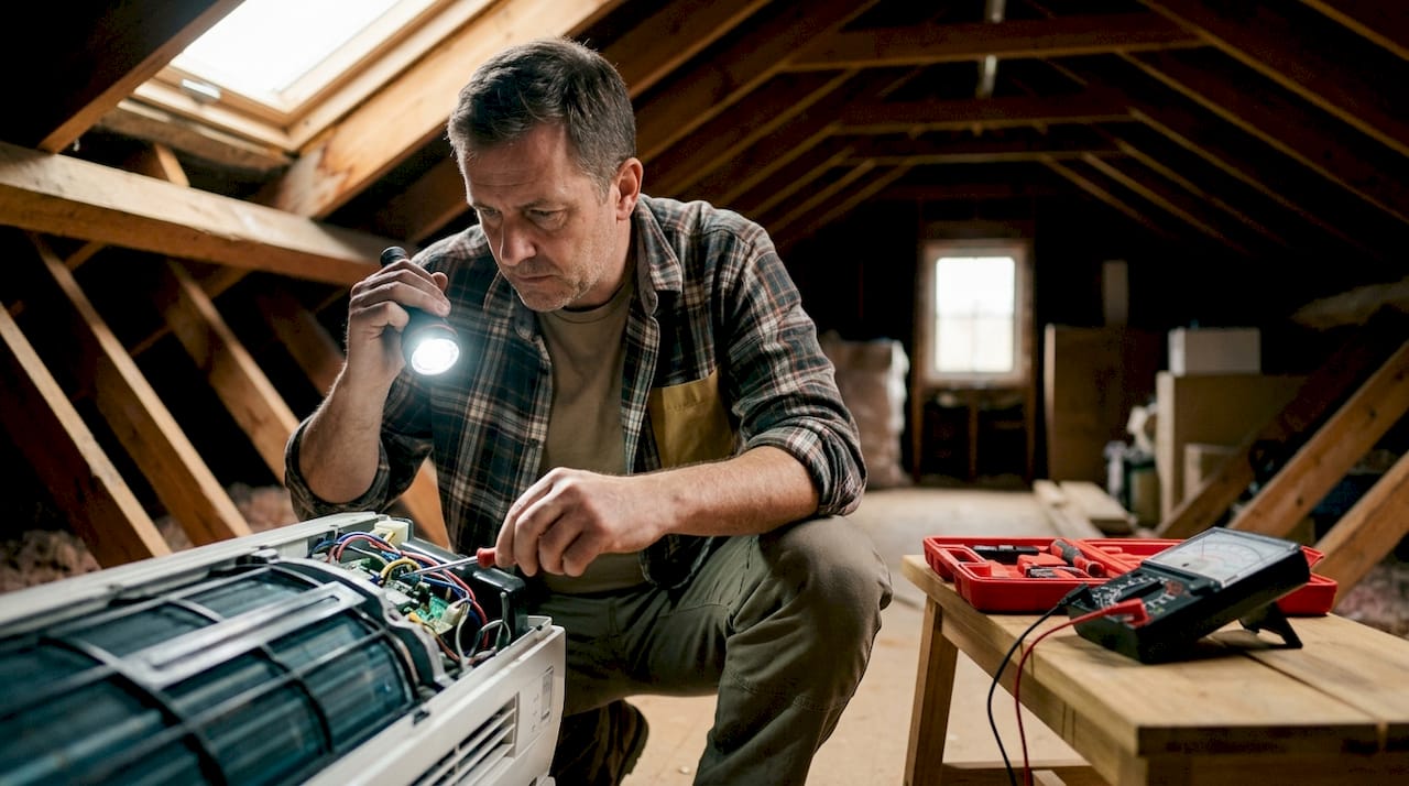 Homeowner inspecting indoor AC unit wiring