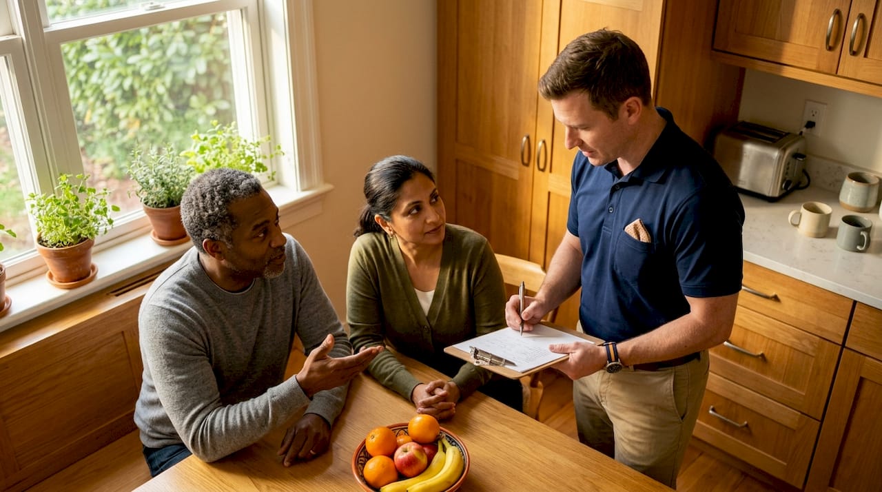 Homeowner consulting HVAC contractor indoors
