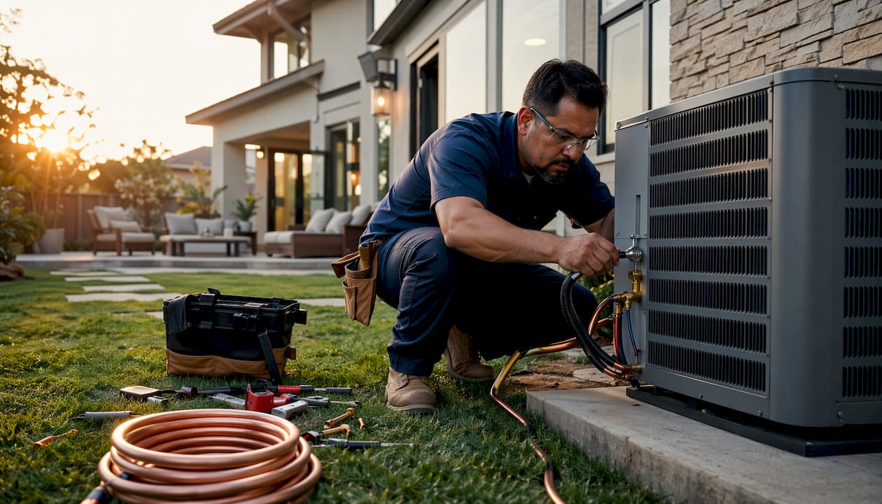 Technician installing outdoor split HVAC unit
