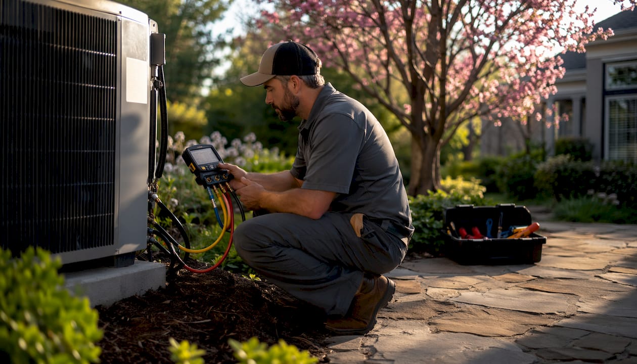 HVAC technician inspecting compressor outdoors