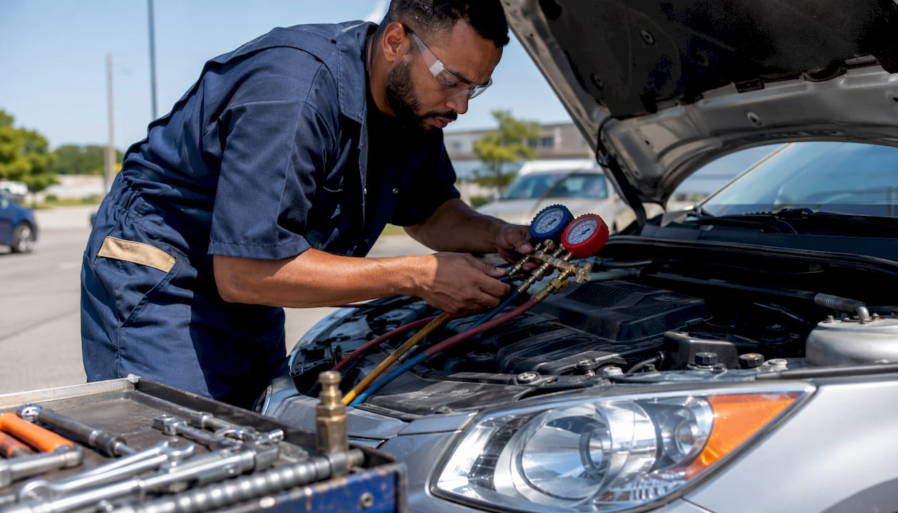AC Coolant Recharge Explained: A Car Owner's 2026 Guide ac unit frozen diagnose fix 1784373410812 Technician recharging car AC coolant in garage Technician recharging car AC coolant in garage