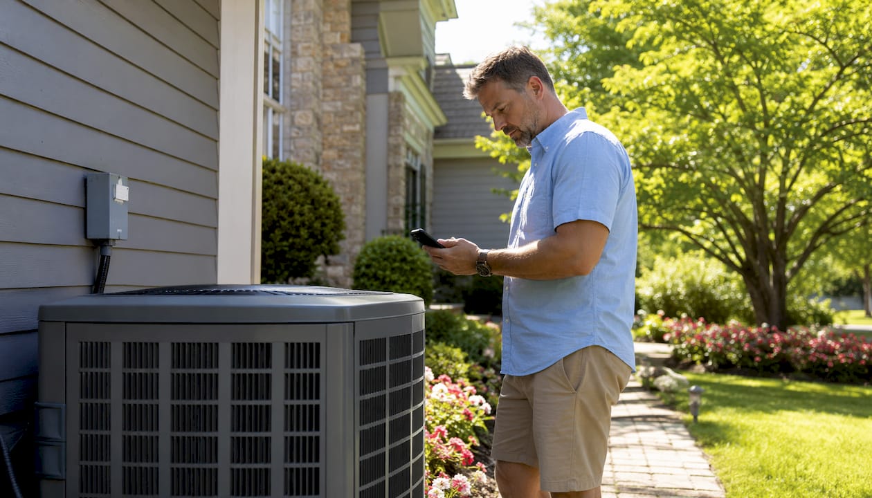 Homeowner checking the age of an outdoor AC unit
