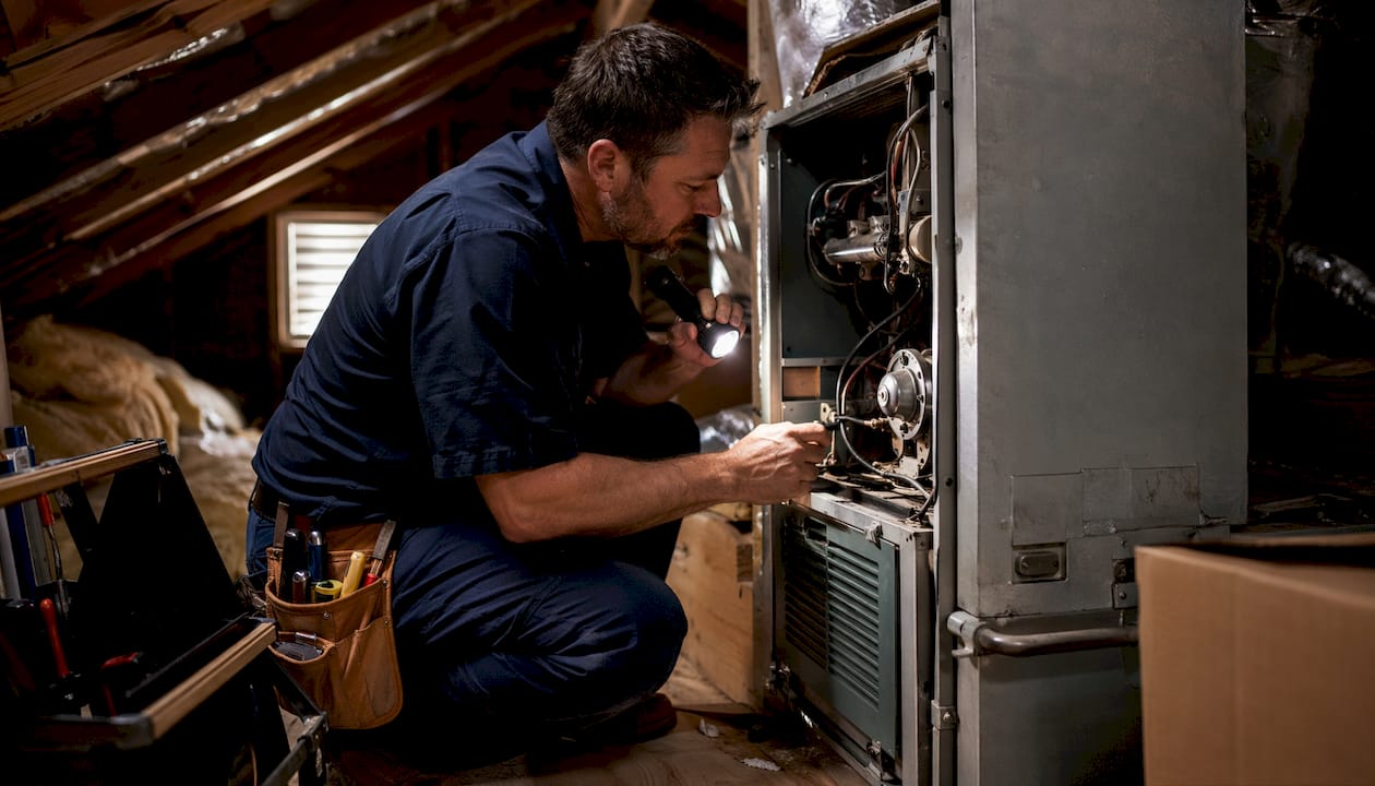 Technician inspecting aging HVAC furnace system