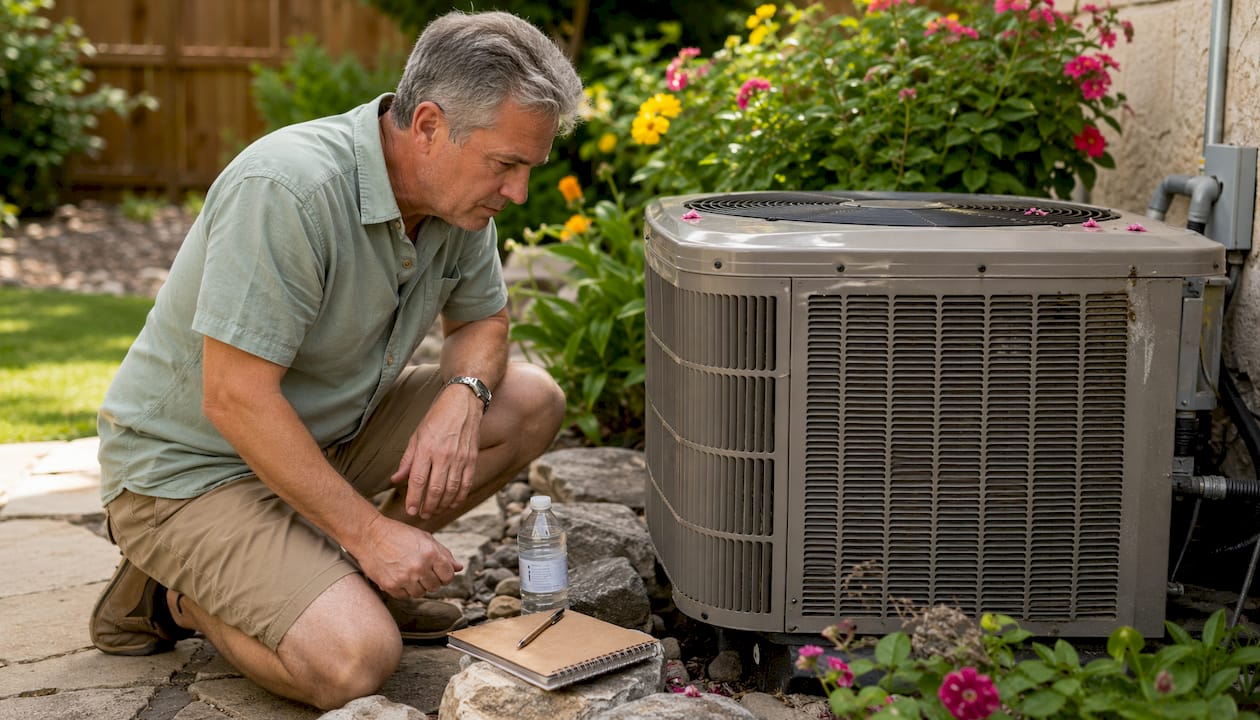 Homeowner inspecting HVAC unit outdoors