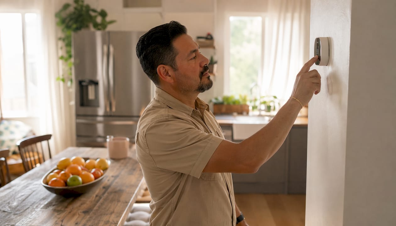 Homeowner adjusting AC thermostat indoors