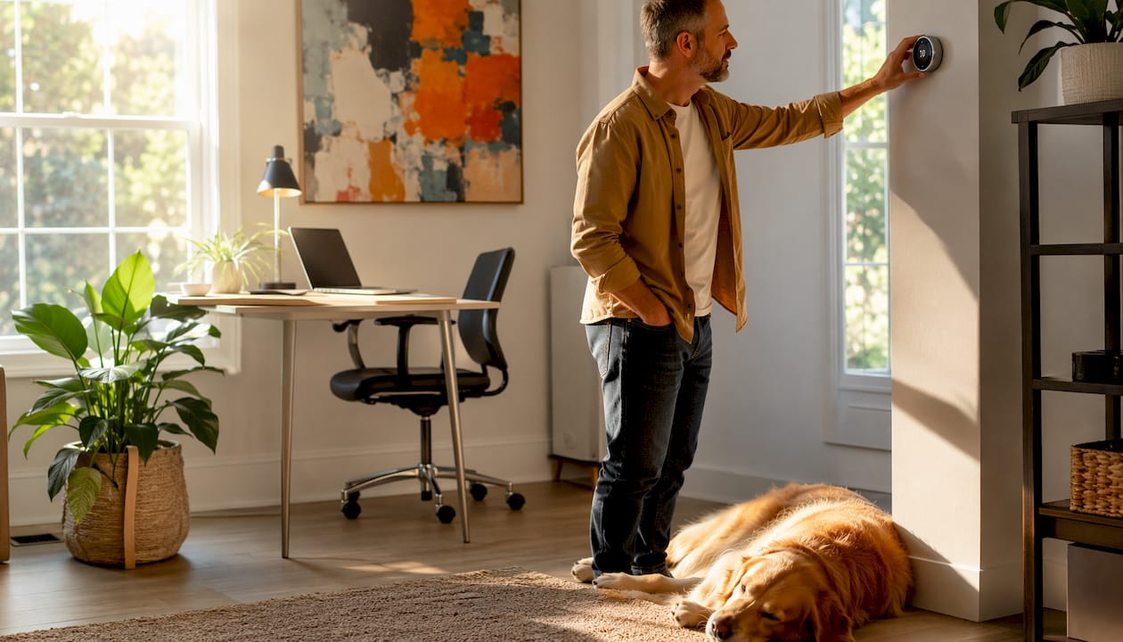 Man adjusting smart thermostat in living room