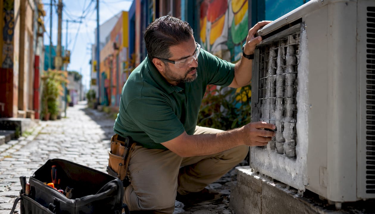 Technician inspecting frozen AC unit outdoors