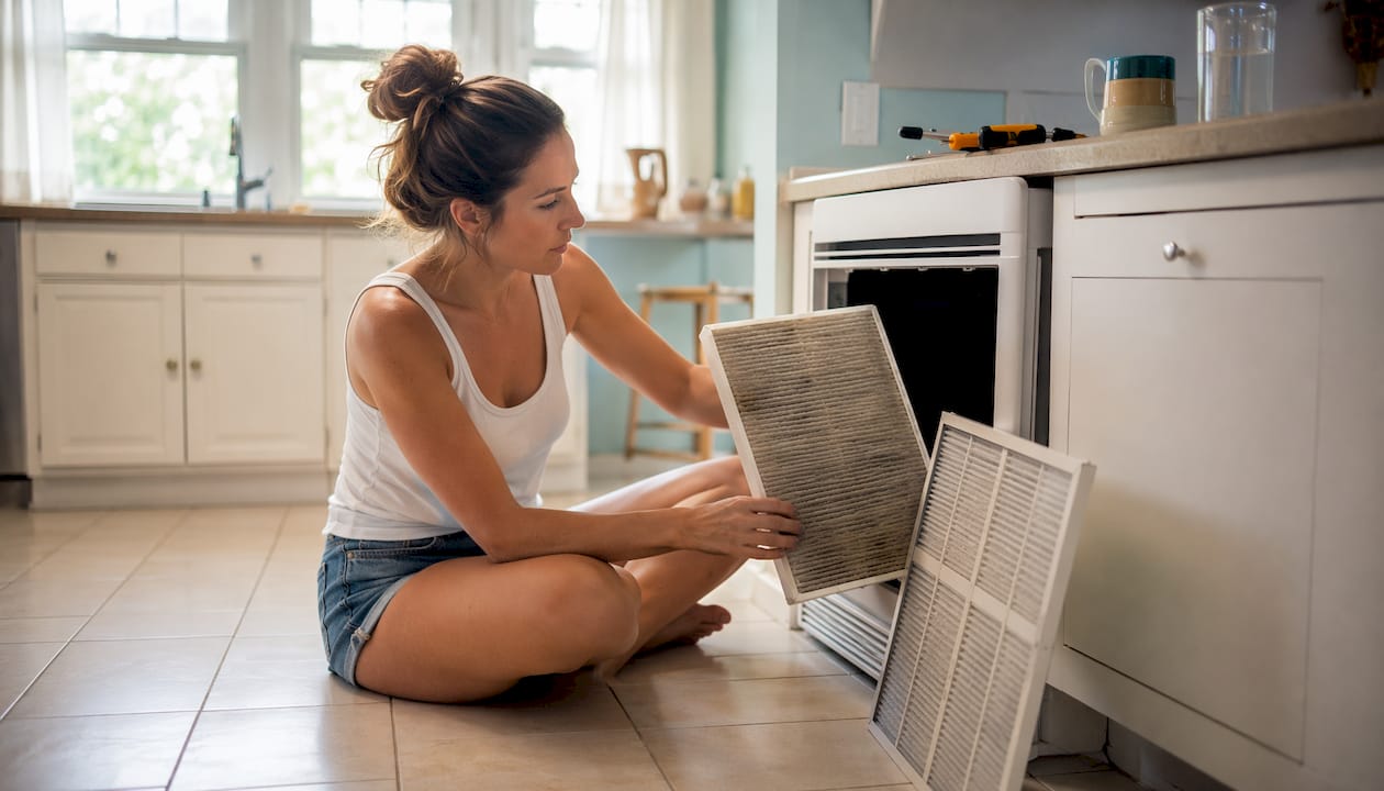 Woman replacing dirty air filter in living room