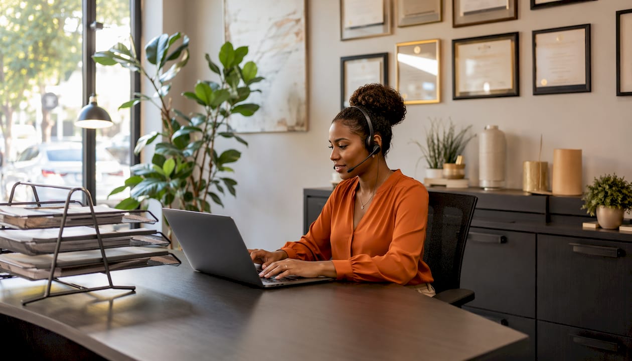 Receptionist managing HVAC customer service call