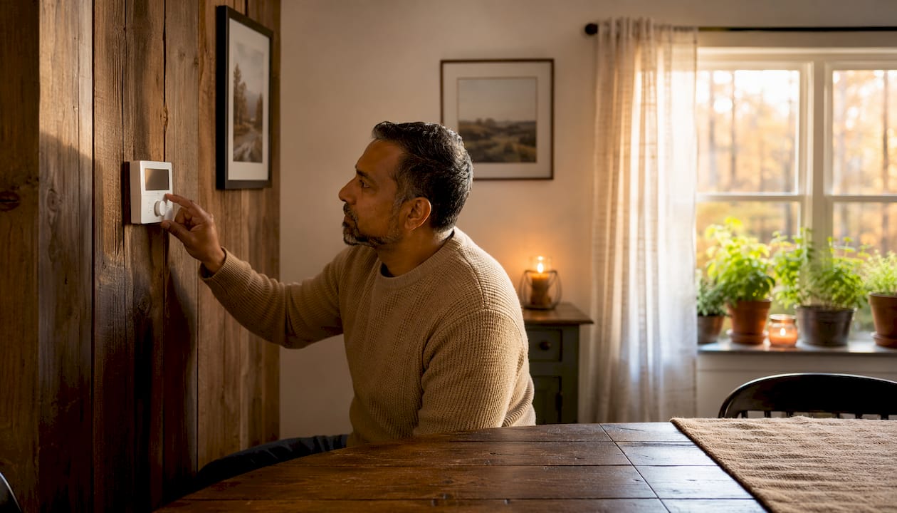 Man adjusting dual-fuel thermostat at home