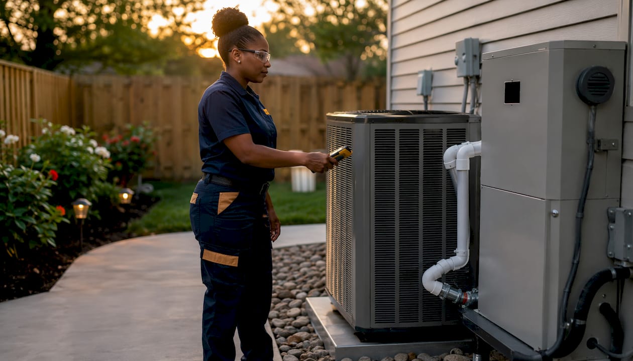 Technician inspecting dual-fuel heating system outdoors