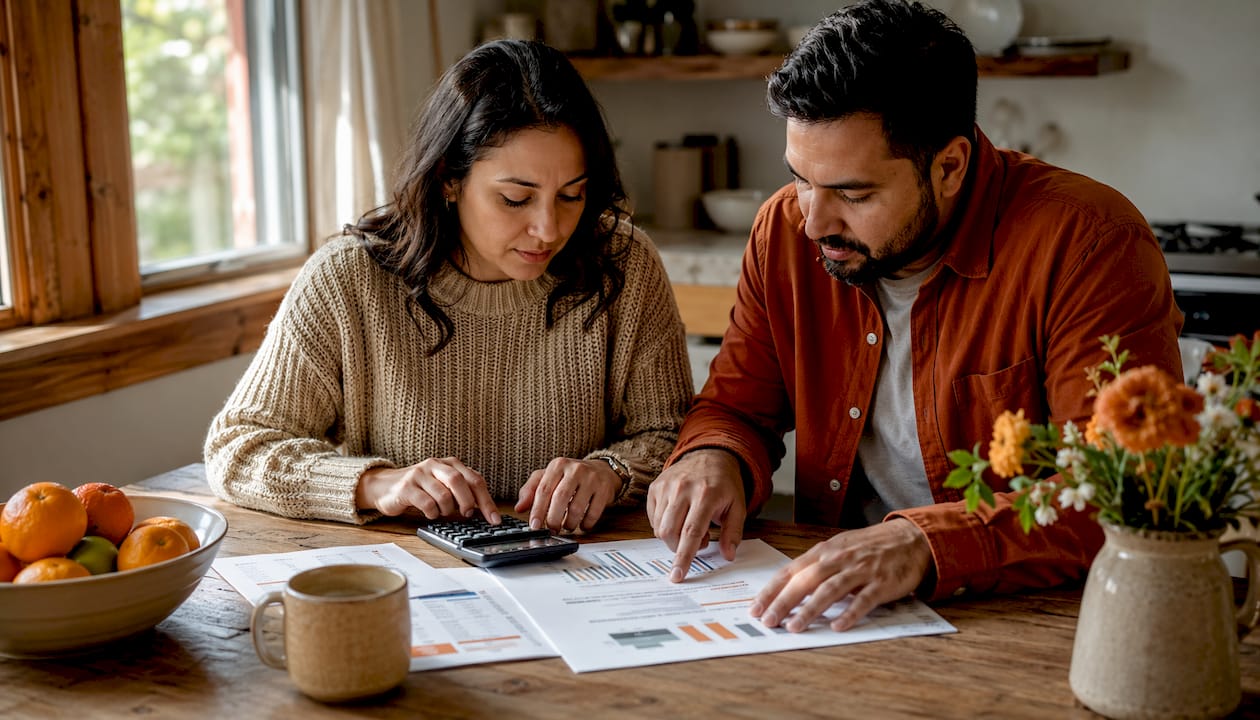 Couple analyzing energy bills at kitchen table