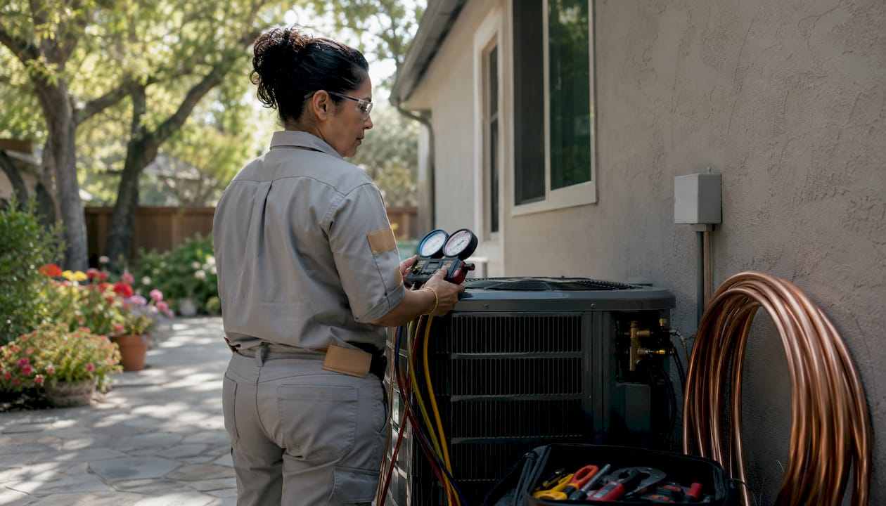 HVAC technician inspecting outdoor AC unit
